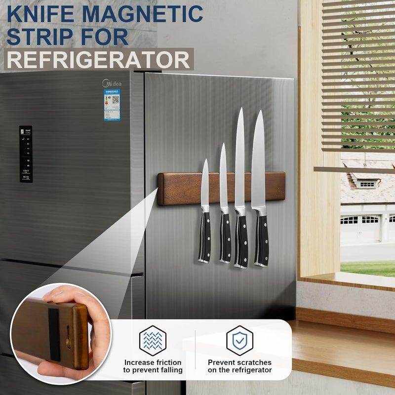 ENOKING 16 Inch Strong Magnetic Knife Holder for Wall, Solid Acacia Wood Knife Bar with 4 Hooks, 3-Way Installation: No-Drill Wall Mount, Screw Mount, & Refrigerator Slip-Proof Magnet Strip - Image 4